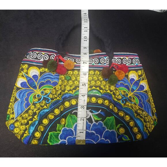 Multi Colored Floral Embroidered Quilt Fabric Hand Bag Purse | 100% Cotton - Picture 5 of 7